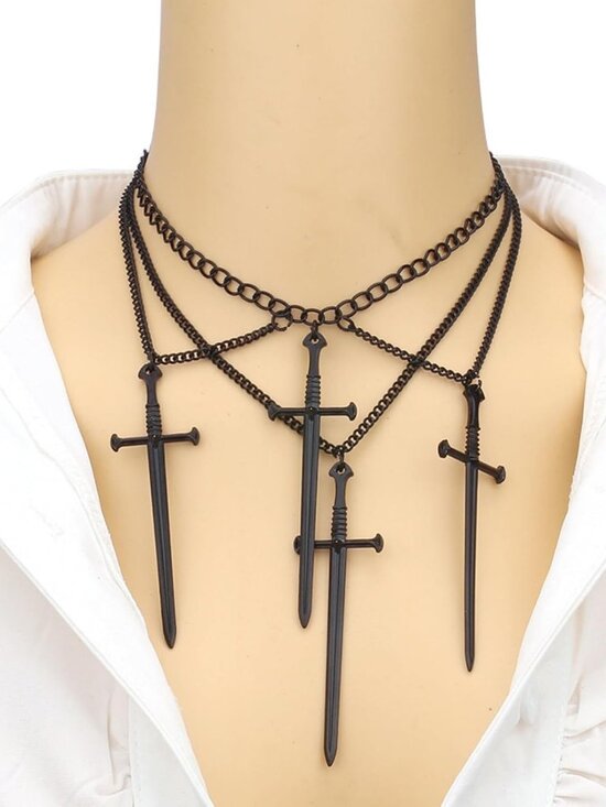 Gothic Layered Dagger Sword Necklace for Women,Punk Style Hollowed Out Dagger Ne - Picture 2 of 4